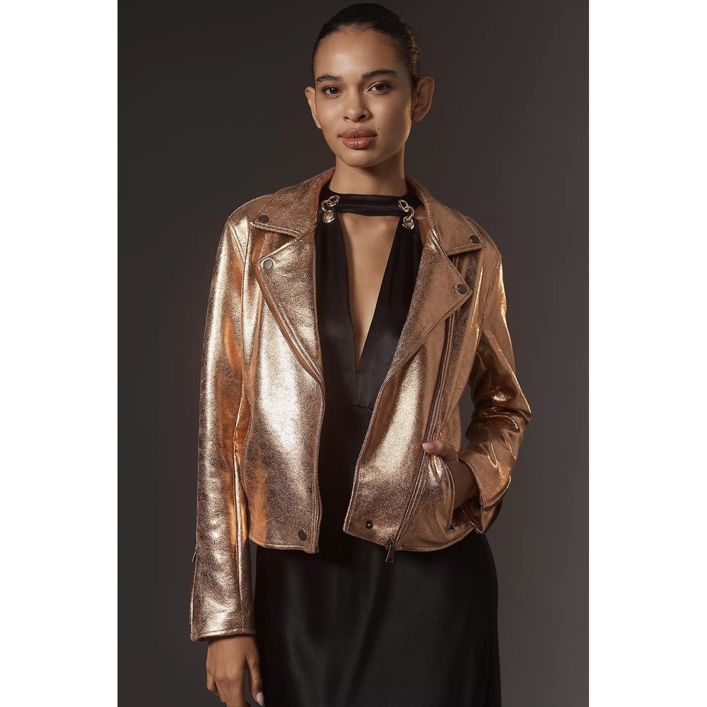 Anthropologie The Saige Metallic Faux-Leather Moto Jacket Bronze Size L NWT